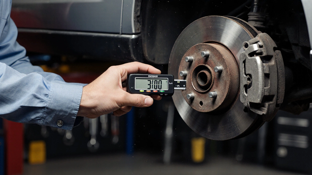 when to replace brake pads Melbourne 2026 — Protec Car Care mechanic measuring brake pad thickness during brake inspection at Melton workshop
